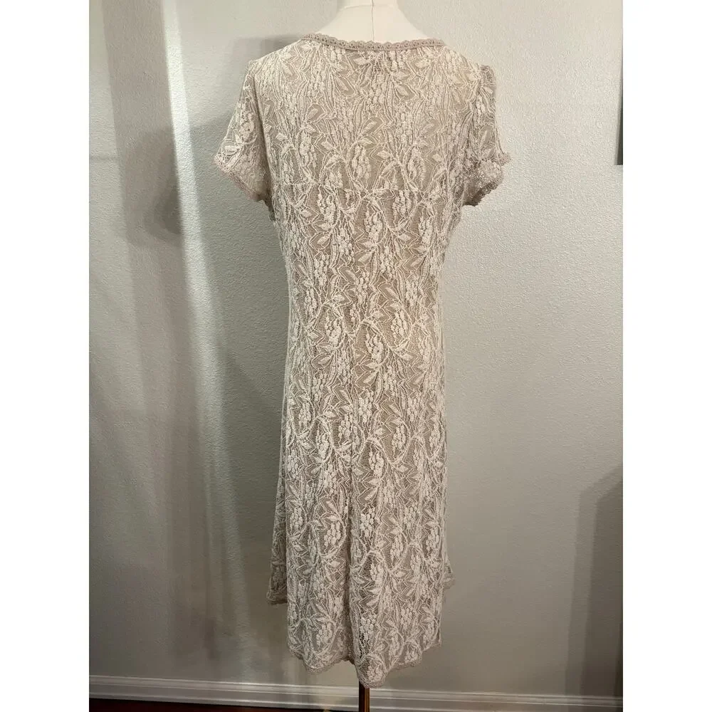 SUNDANCE Dress | Ivory Lace Sweetheart Midi Lined Short Sleeve Romantic | LARGE - Picture 7 of 9